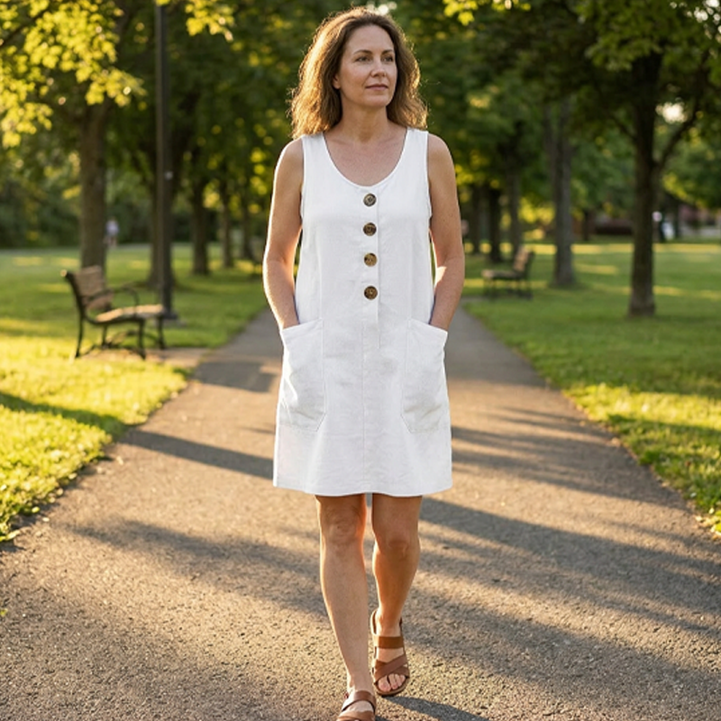 Vestido liso sin mangas de algodón y lino con cuello redondo para mujer