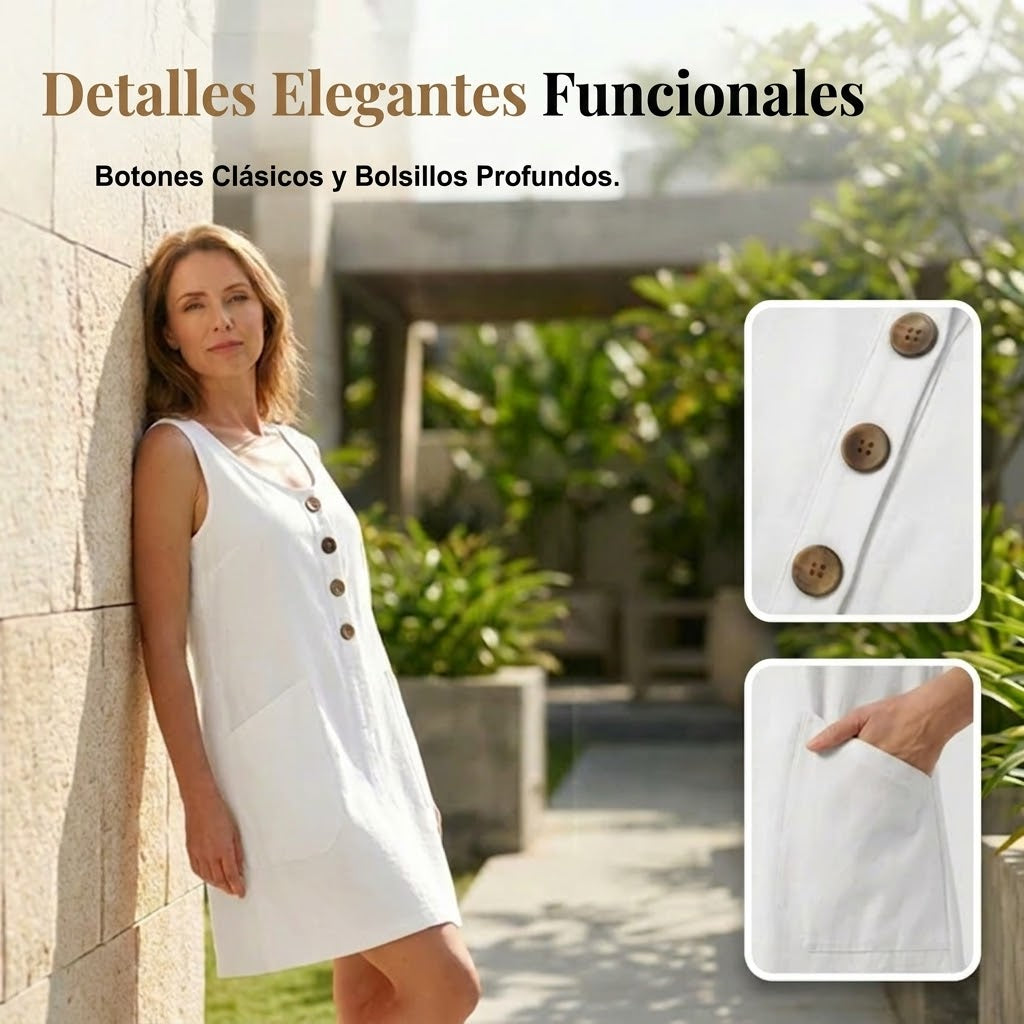 Vestido liso sin mangas de algodón y lino con cuello redondo para mujer