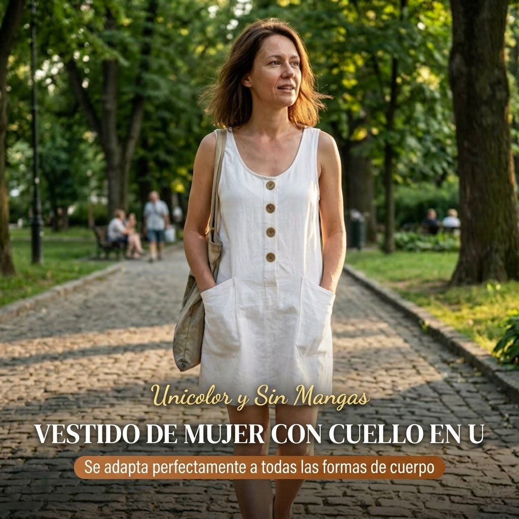 Vestido liso sin mangas de algodón y lino con cuello redondo para mujer