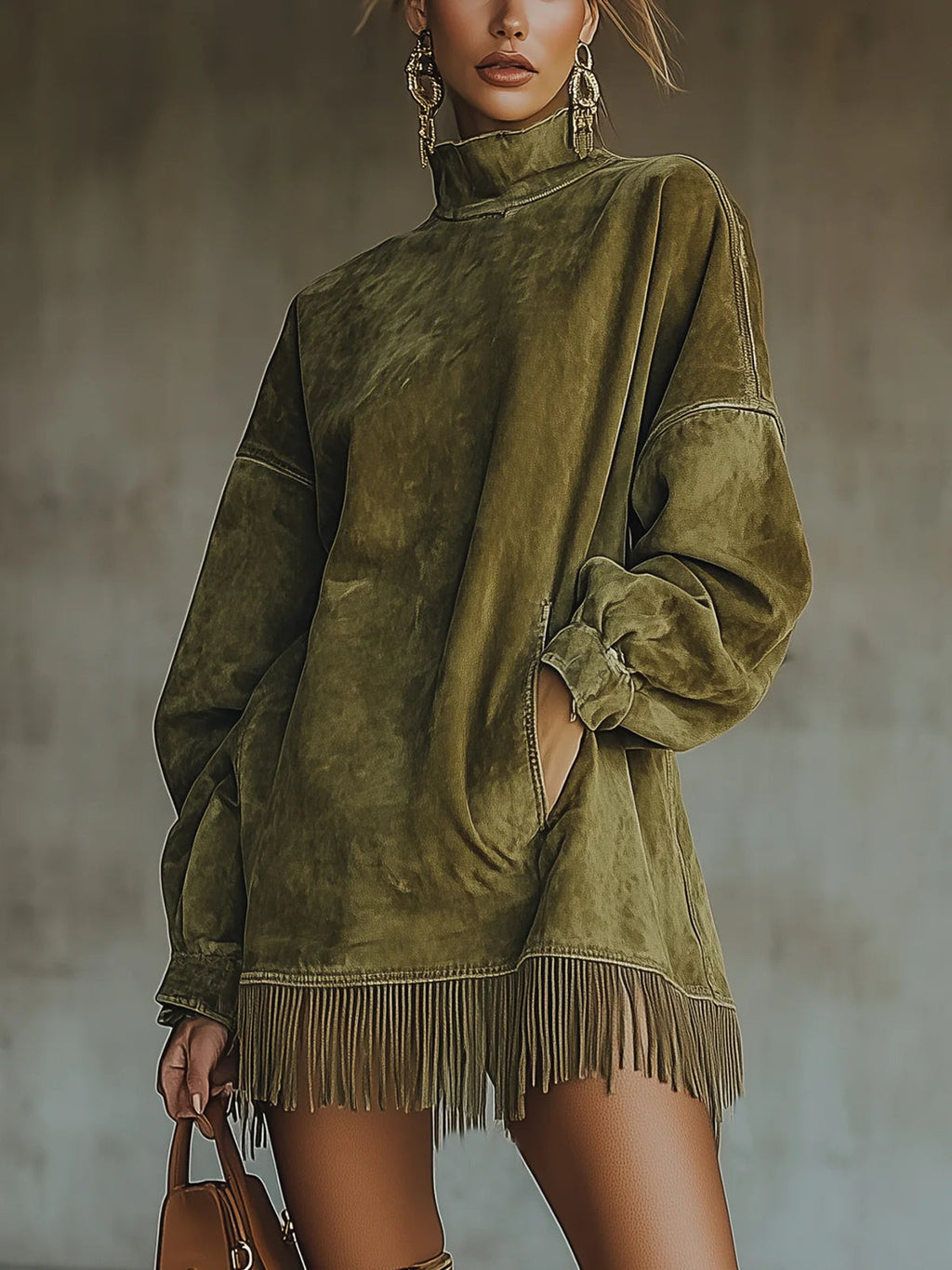 Amalia - Vestido de ante con cuello alto y flecos