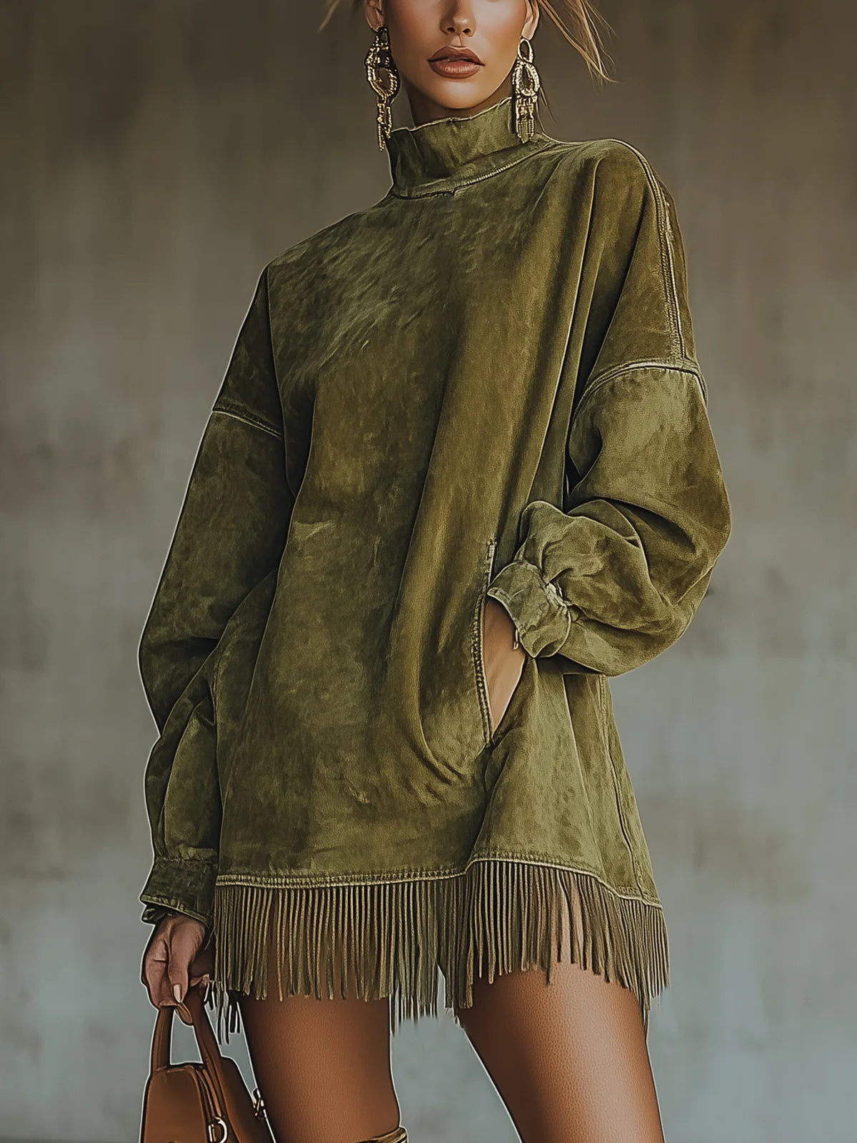 Amalia - Vestido de ante con cuello alto y flecos