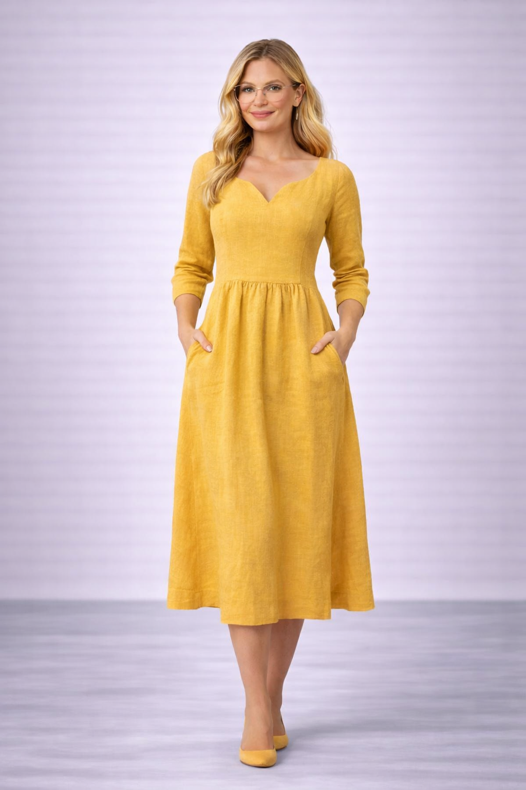 Marta - Vestido informal con cuello en V de algodón y lino, mangas 3/4 y cremallera lateral 👗