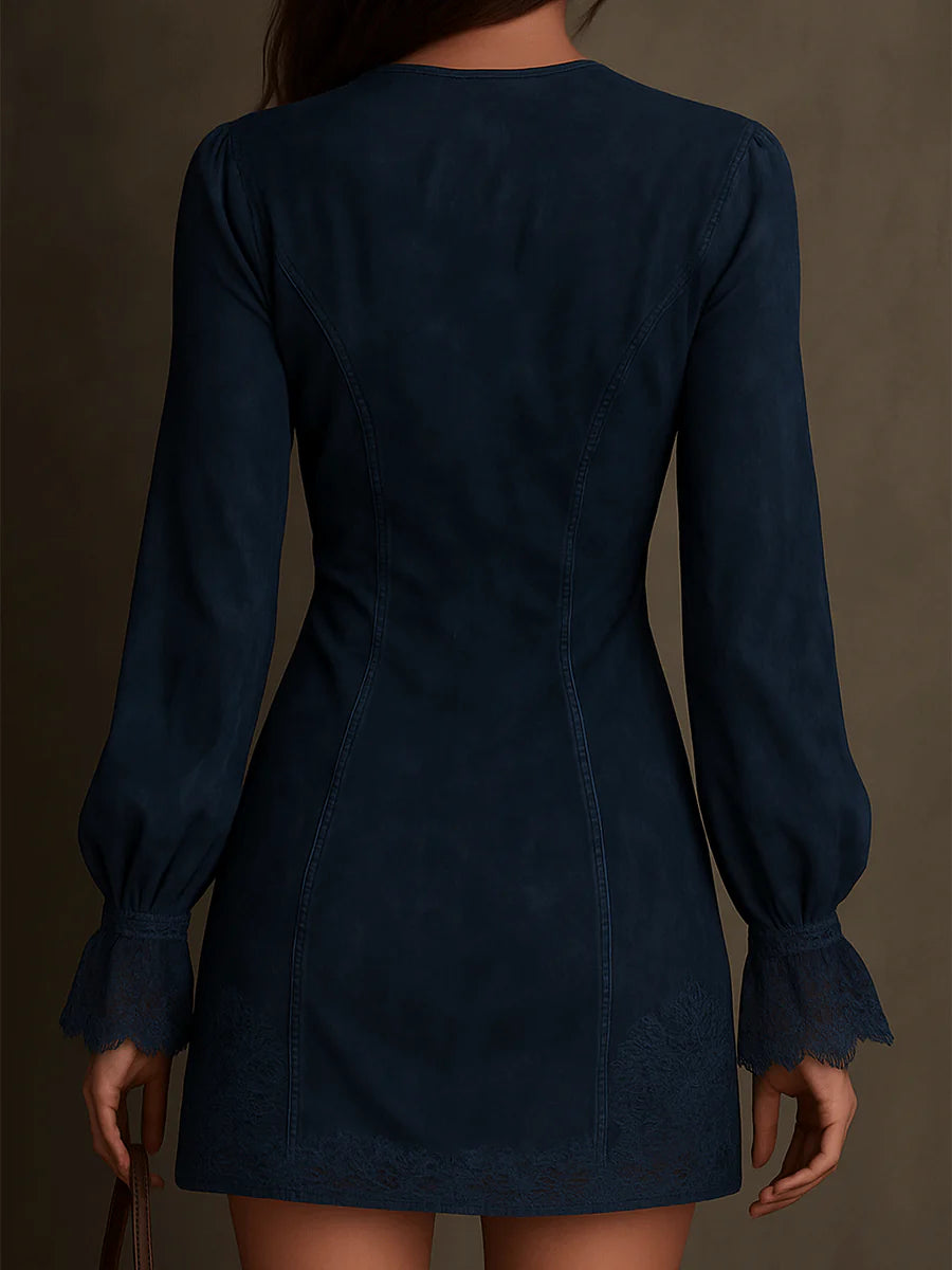 Azulena - Vestido mini vintage de ante con encaje