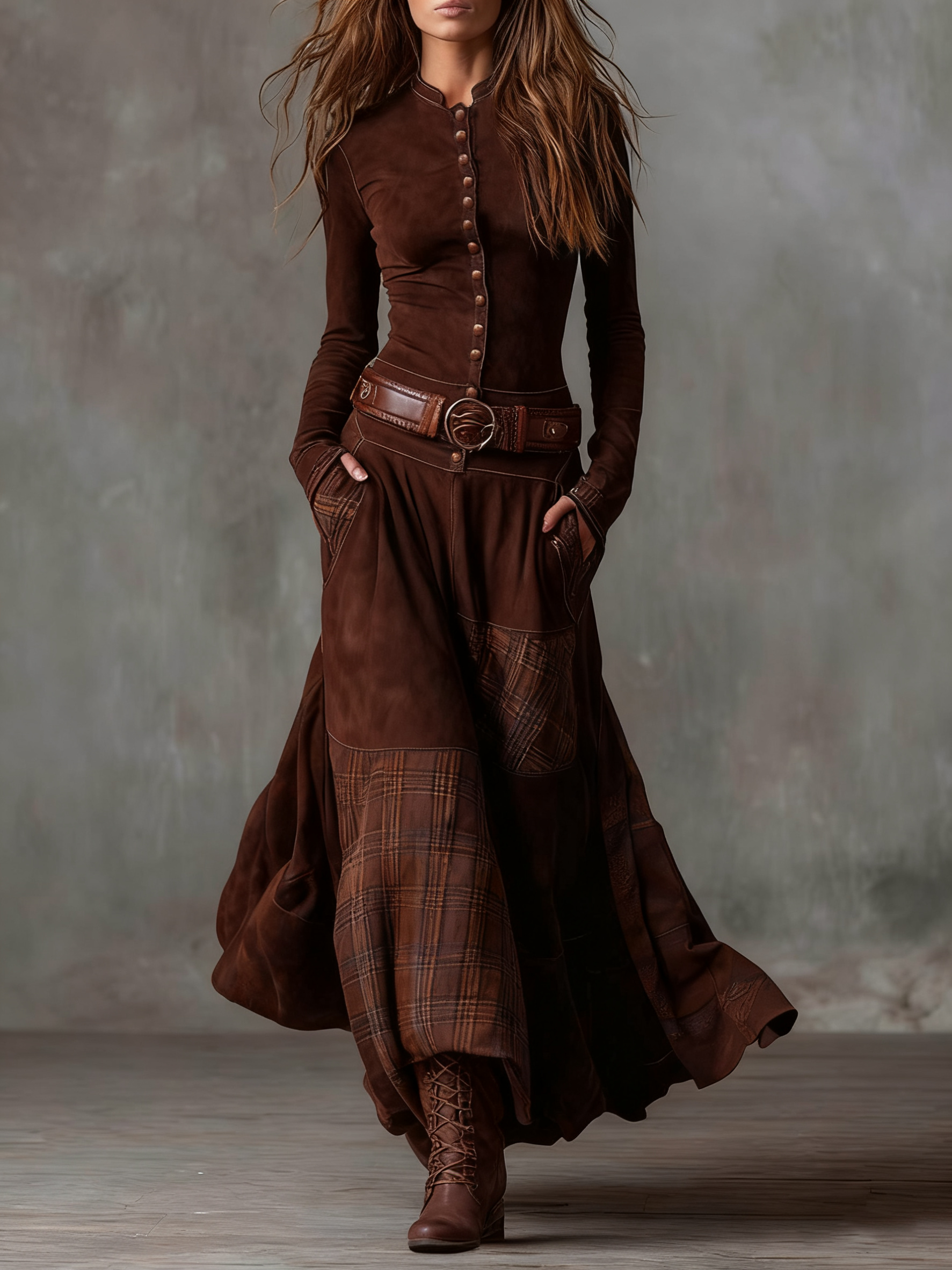 Elisa - Vestido maxi de ante con cinturón