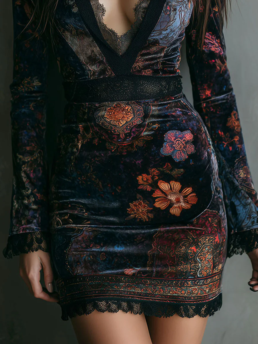 Liora - Mini vestido floral de terciopelo con encaje