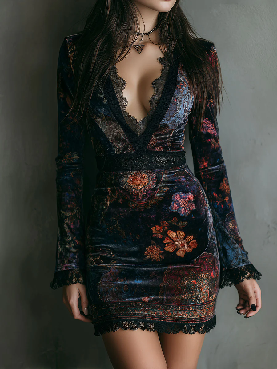 Liora - Mini vestido floral de terciopelo con encaje