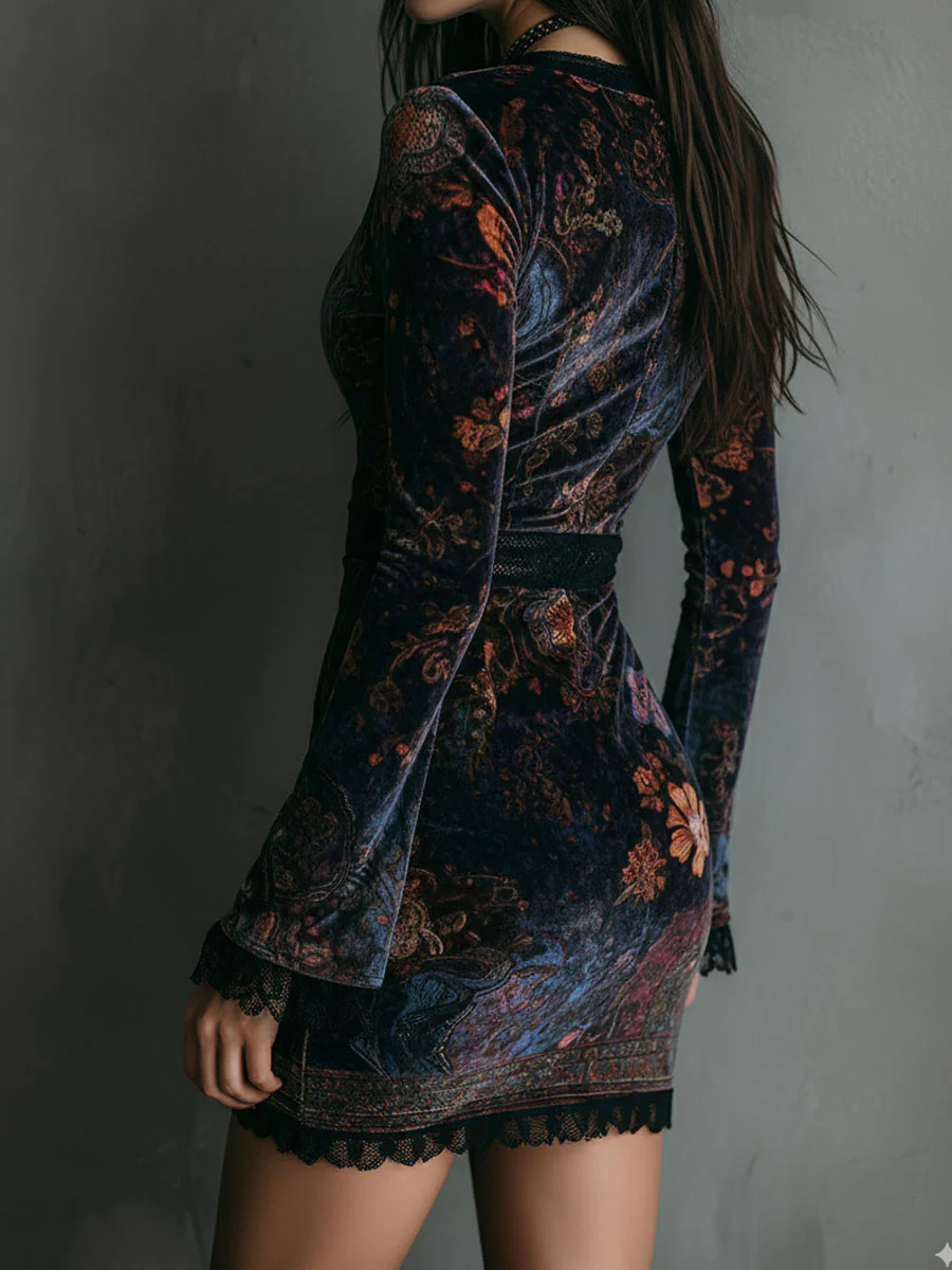 Liora - Mini vestido floral de terciopelo con encaje