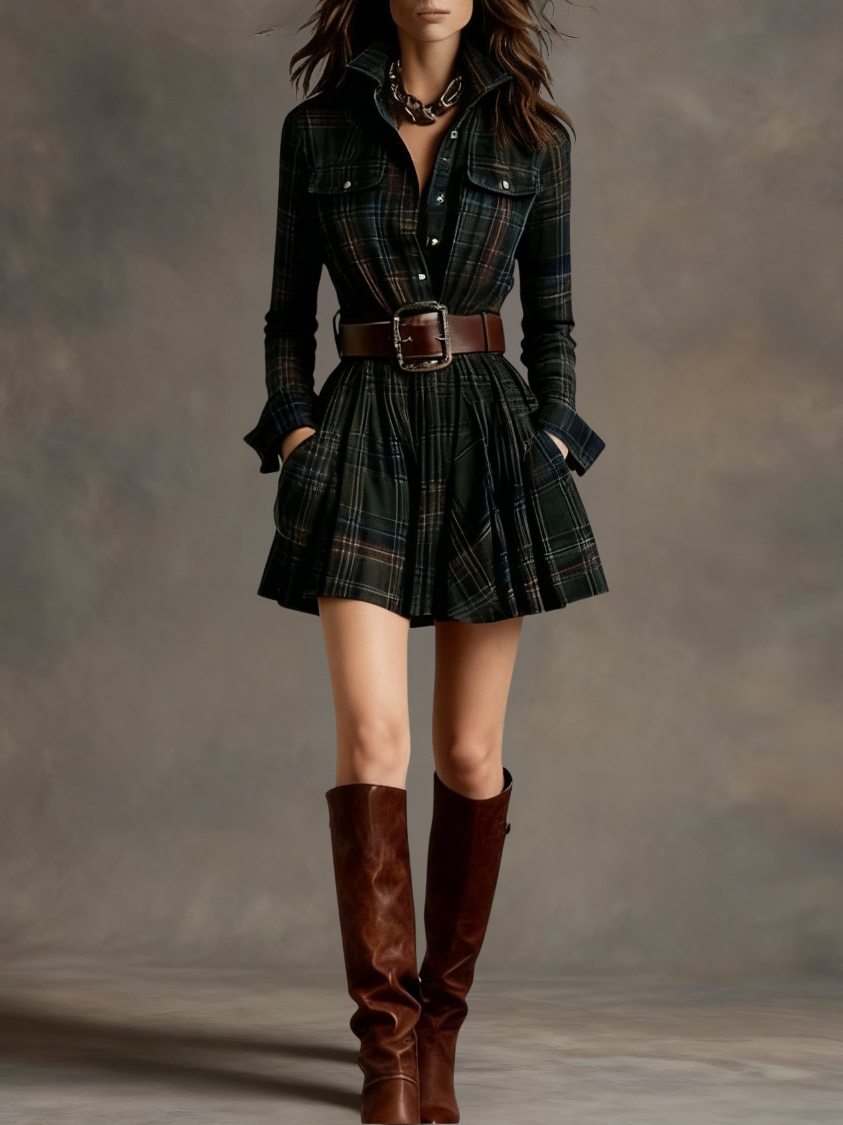 Bárbara - Vestido corto camisero de cuadros vintage