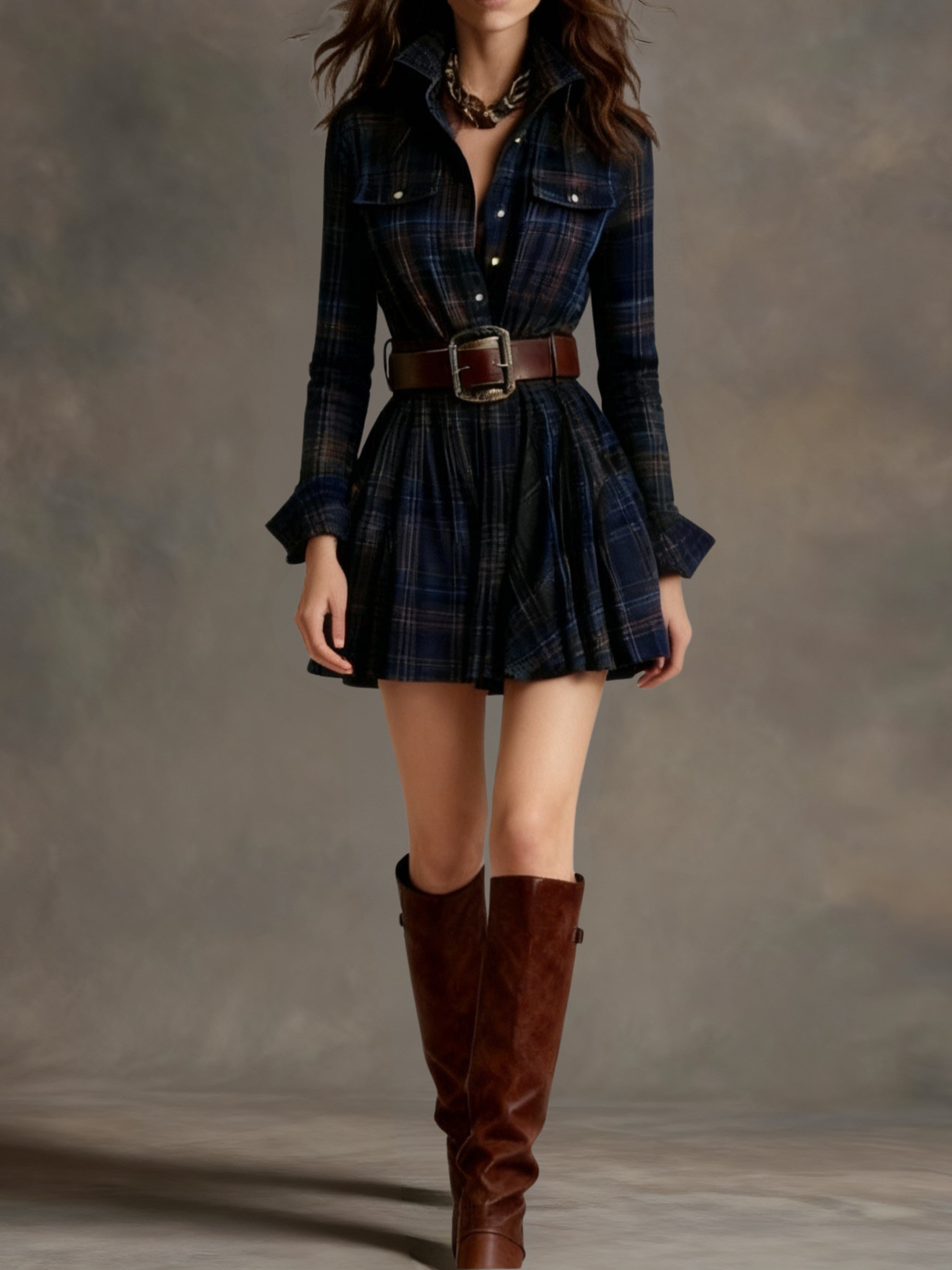 Bárbara - Vestido corto camisero de cuadros vintage