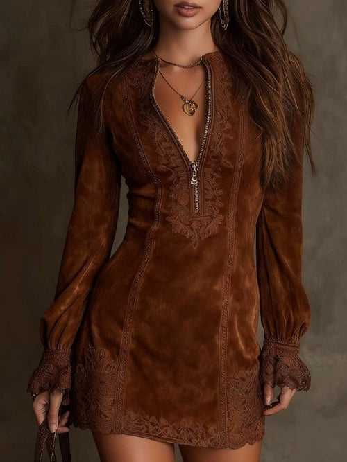 Azulena - Vestido mini vintage de ante con encaje