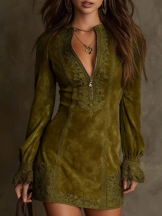 Azulena - Vestido mini vintage de ante con encaje