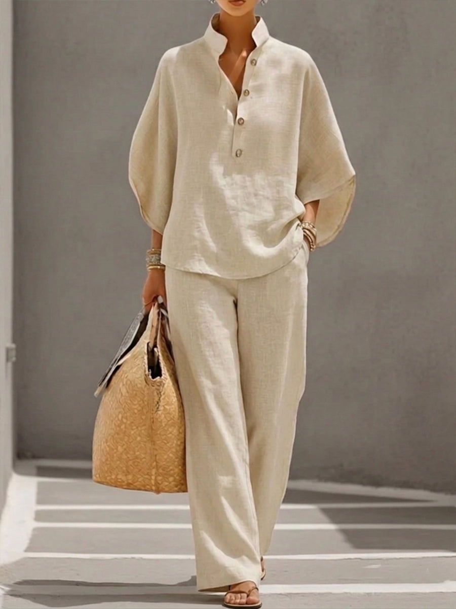 Lorena - Conjunto de Algodón Lino con Mangas Murciélago y Pantalón Ancho