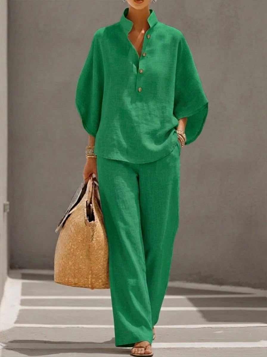 Lorena - Conjunto de Algodón Lino con Mangas Murciélago y Pantalón Ancho