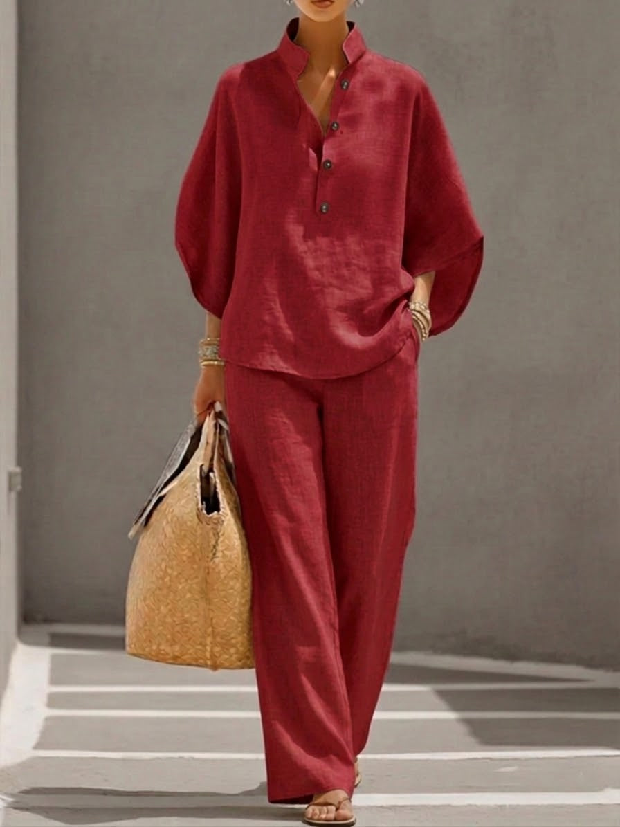 Lorena - Conjunto de Algodón Lino con Mangas Murciélago y Pantalón Ancho