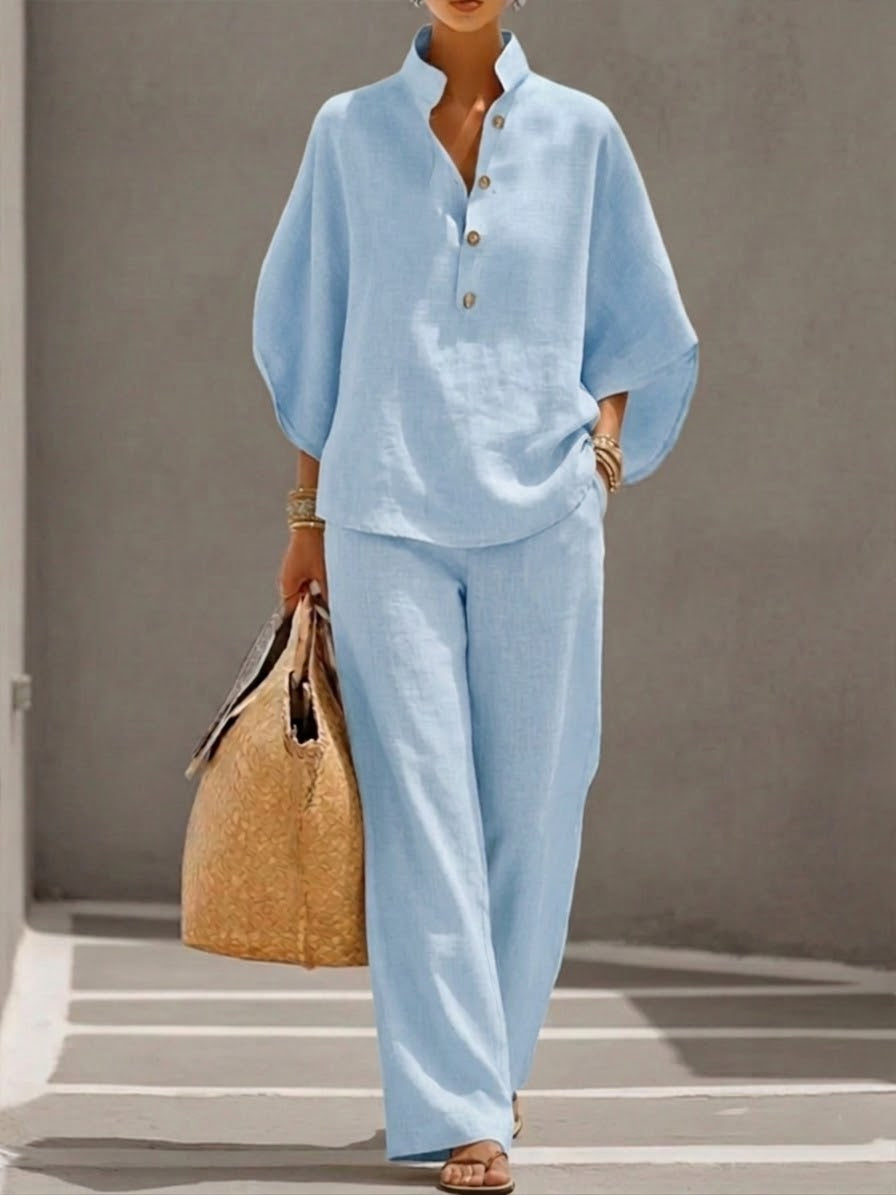 Lorena - Conjunto de Algodón Lino con Mangas Murciélago y Pantalón Ancho
