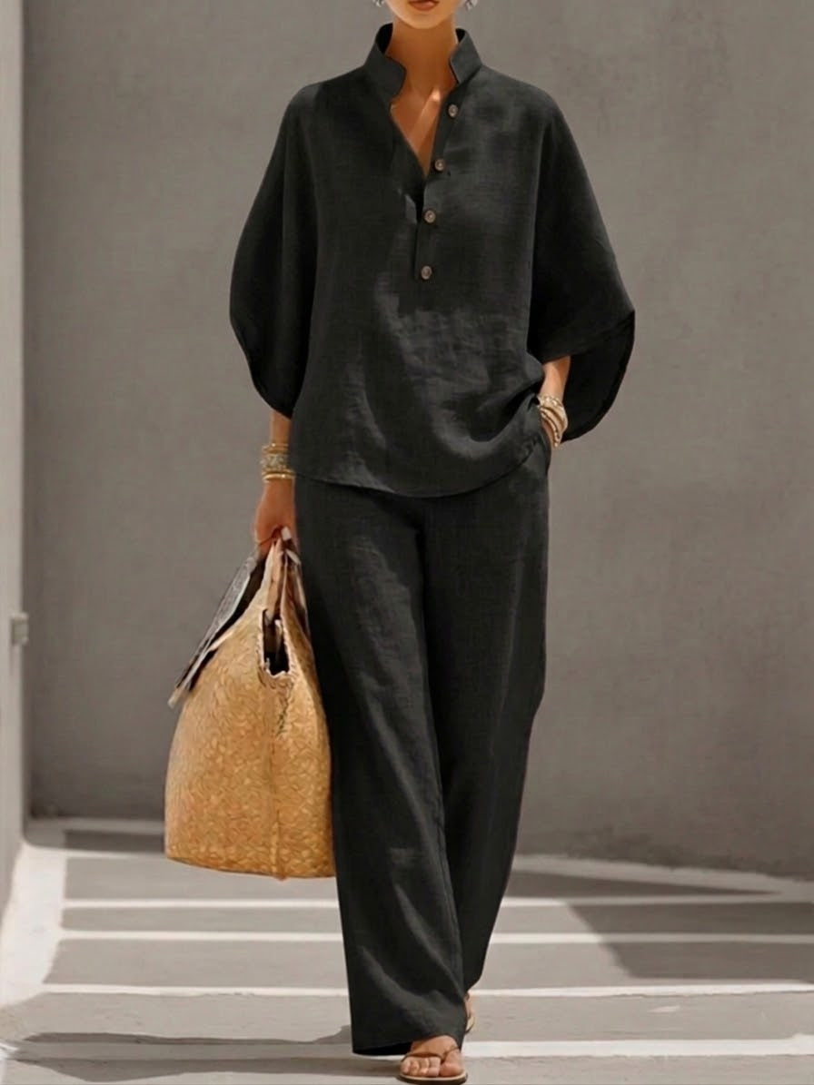 Lorena - Conjunto de Algodón Lino con Mangas Murciélago y Pantalón Ancho