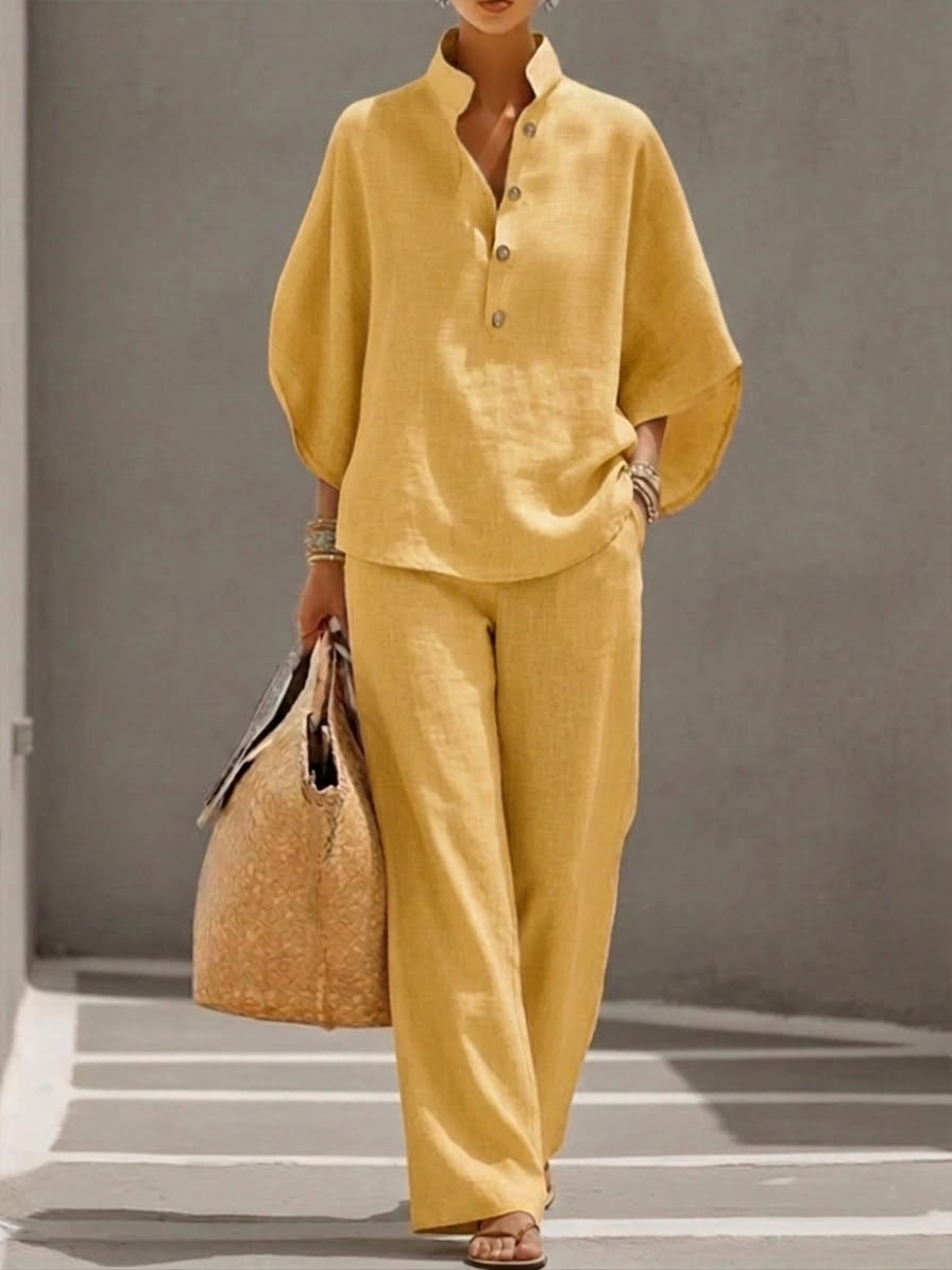 Lorena - Conjunto de Algodón Lino con Mangas Murciélago y Pantalón Ancho