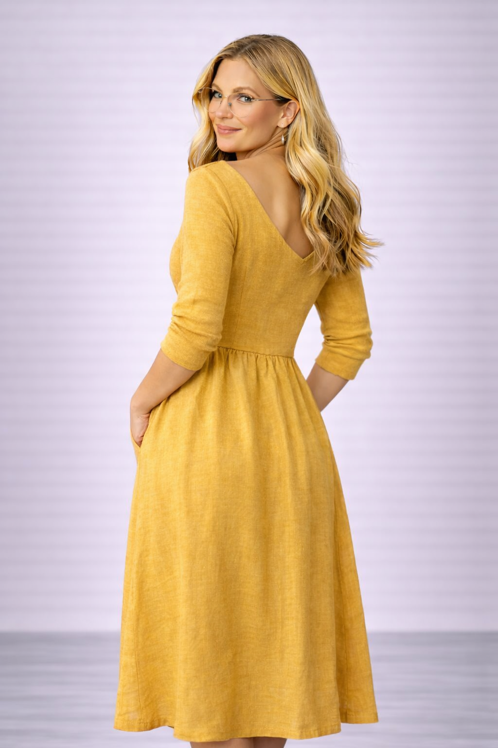 Marta - Vestido informal con cuello en V de algodón y lino, mangas 3/4 y cremallera lateral 👗